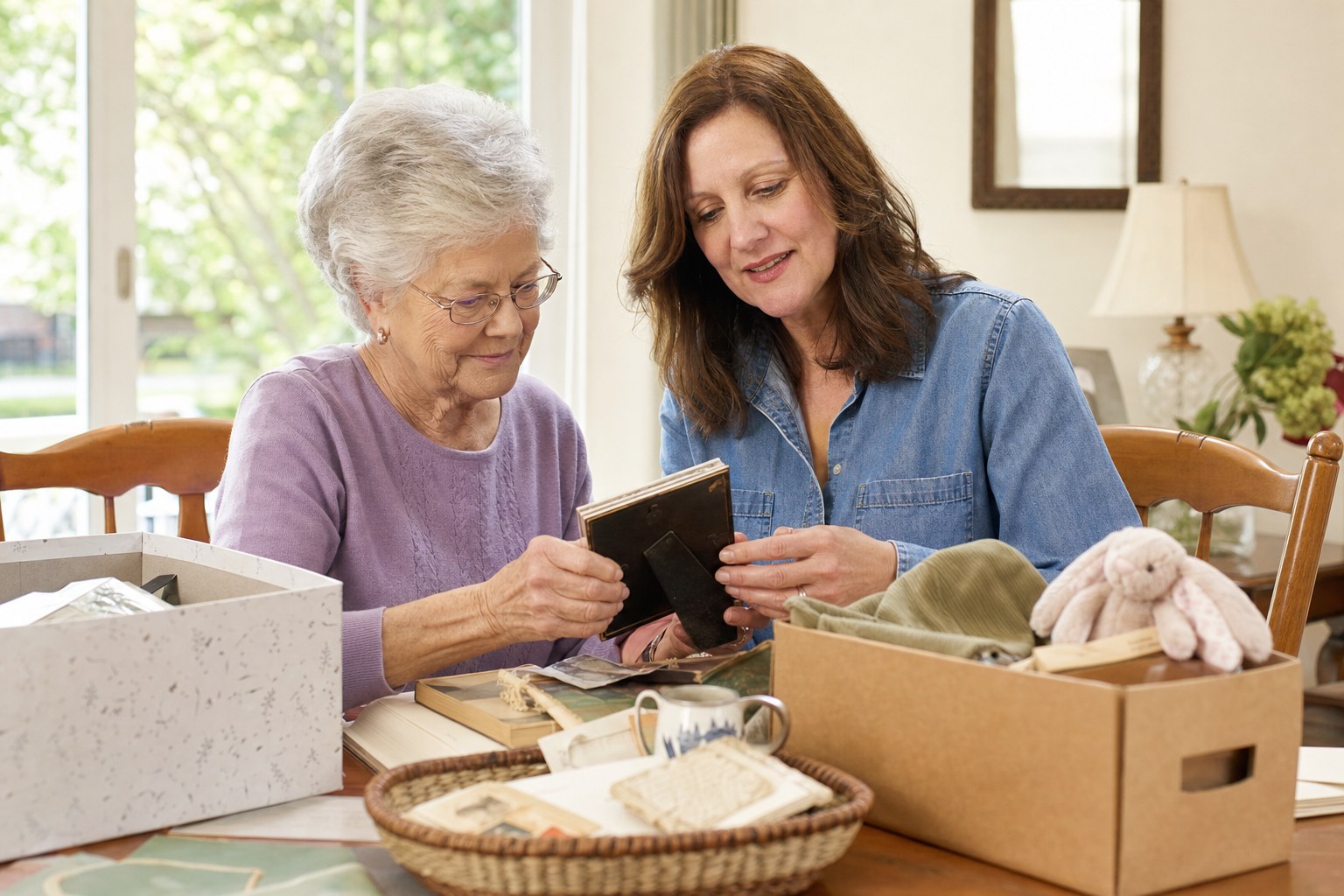 An older adult and her daughter sorting meaningful keepsakes together
