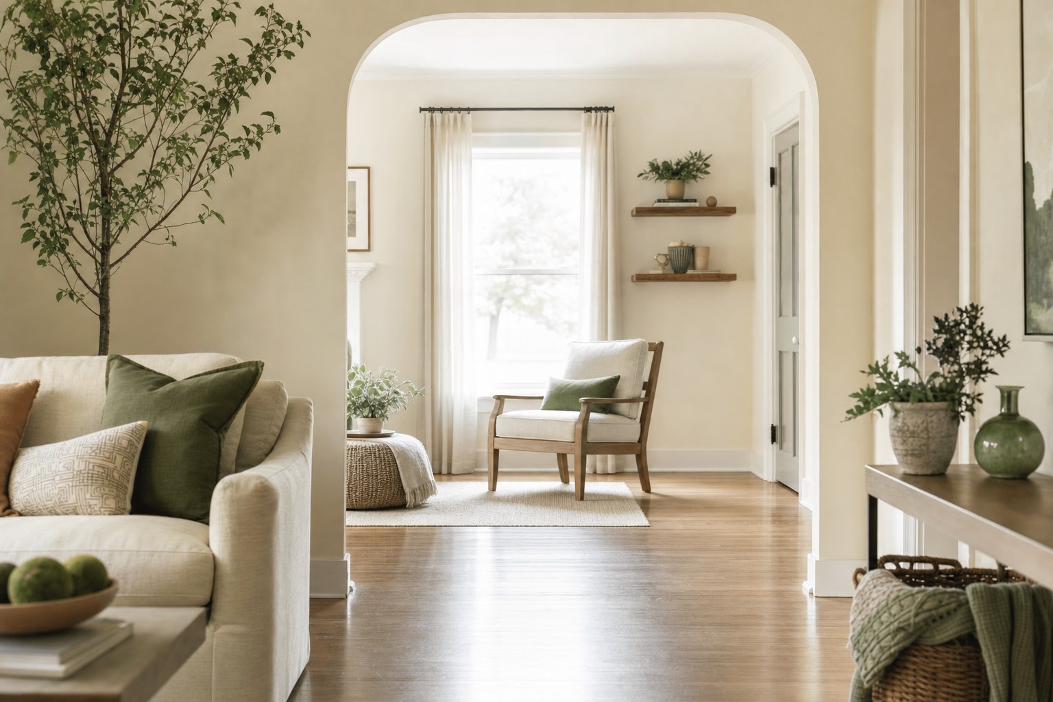 A calm, organized living room with a clear walking path