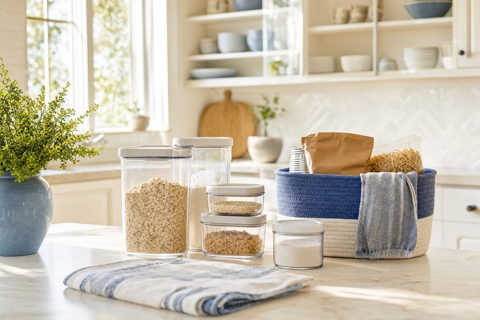 A sunlit kitchen counter with neatly sorted food containers and pantry staples