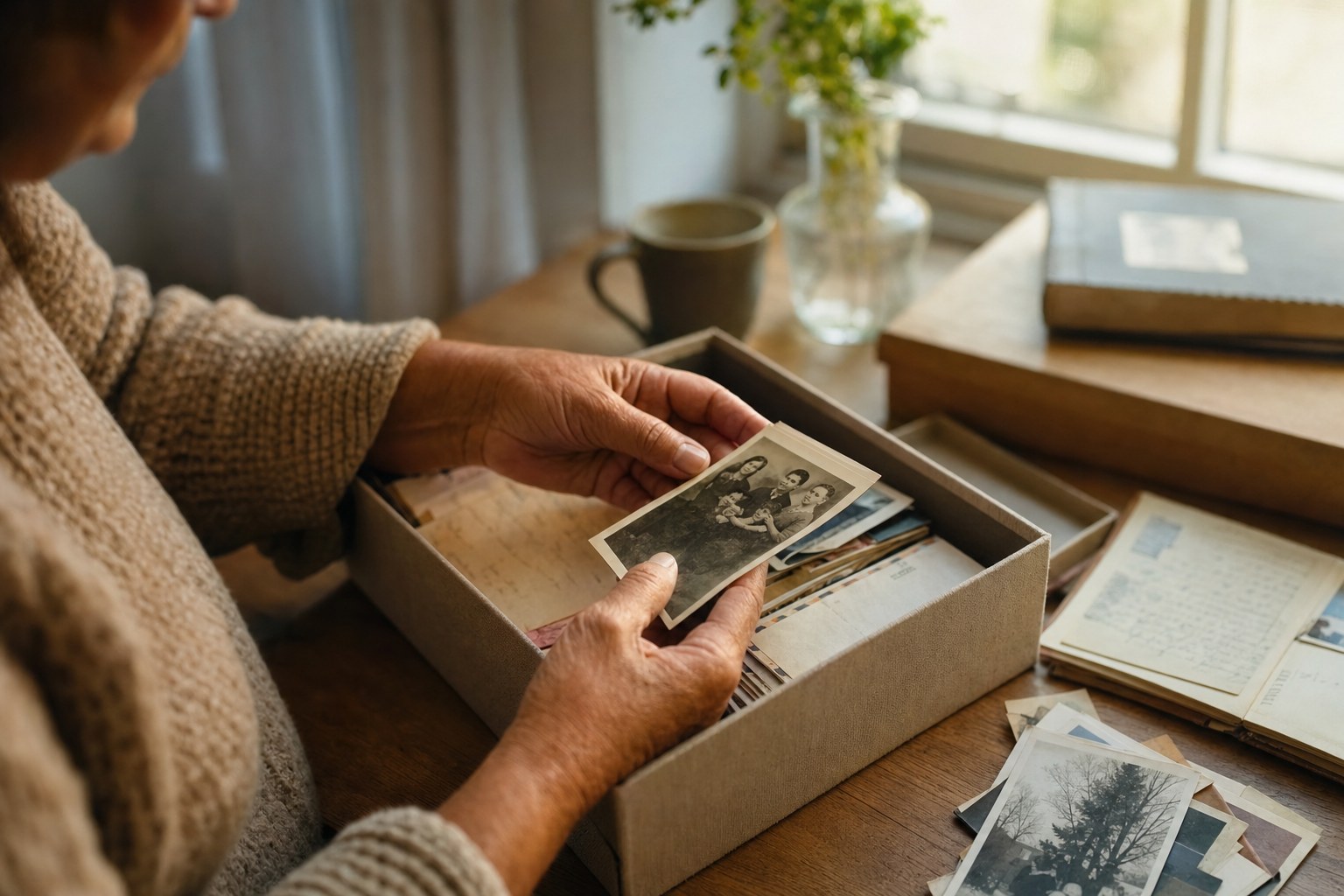 Hands choosing family photographs and keepsakes for an archival box