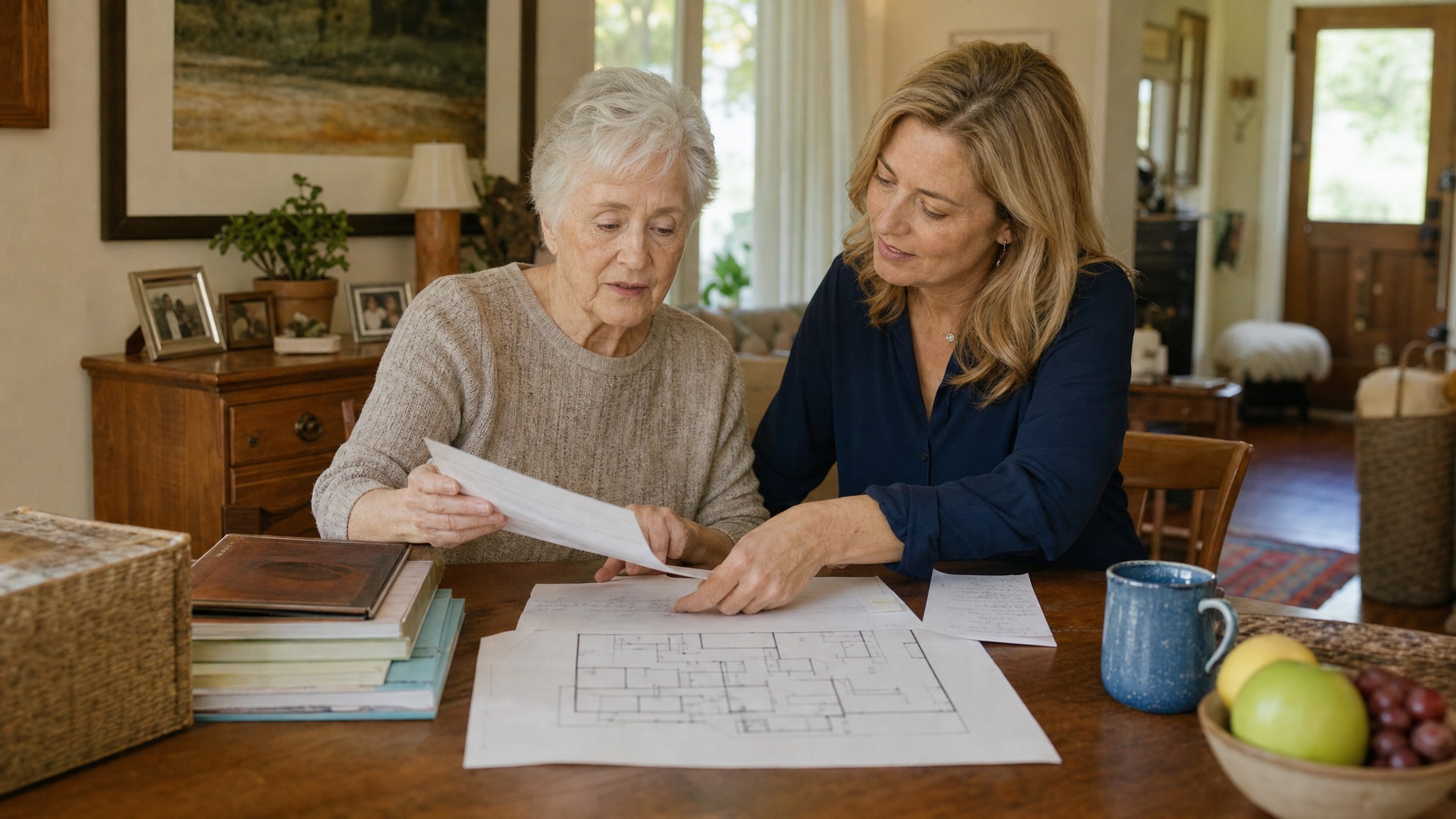 An older woman and her daughter reviewing a move plan at home