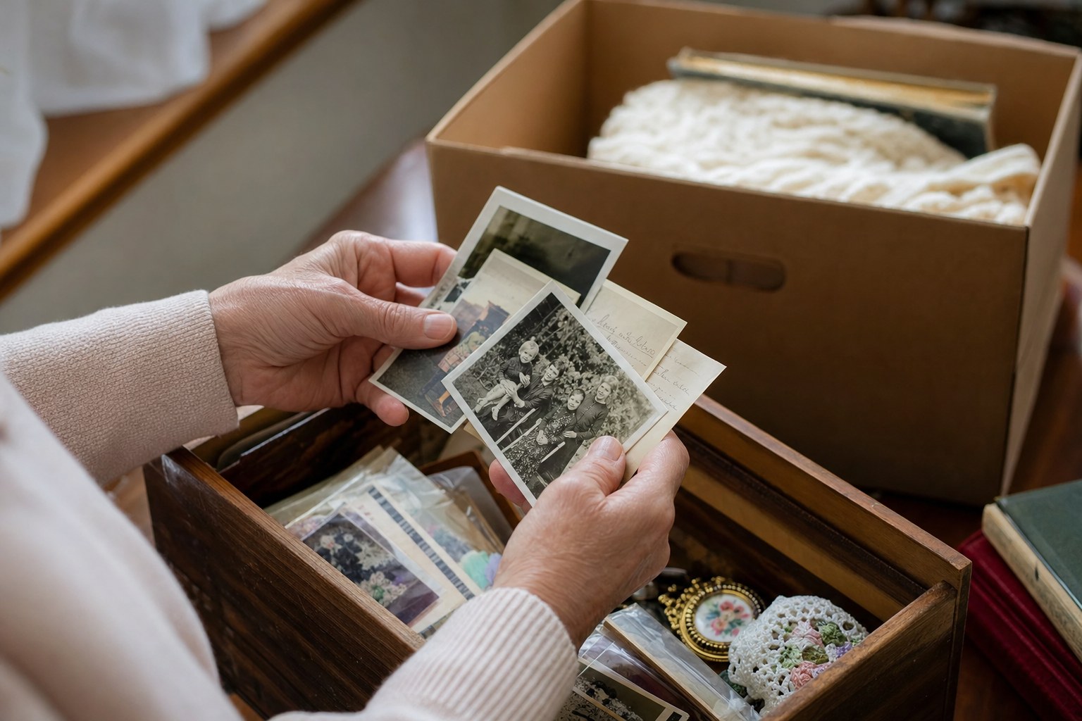 Mature hands choosing treasured family photographs from a keepsake box