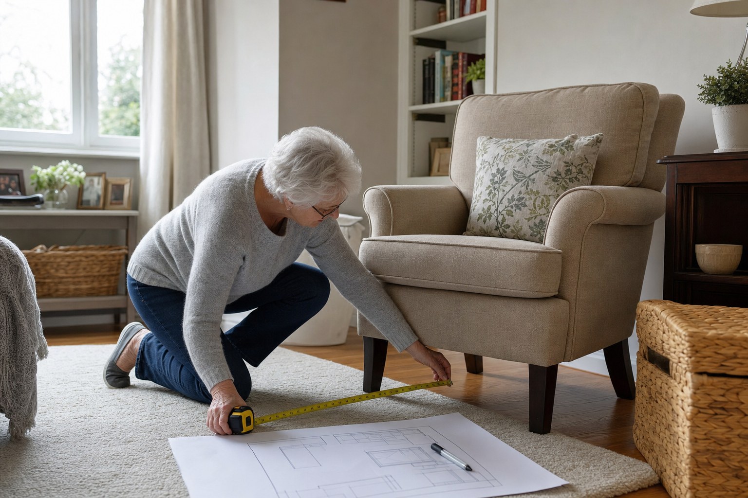 An older woman measuring a favorite chair beside a floor plan in a smaller living room