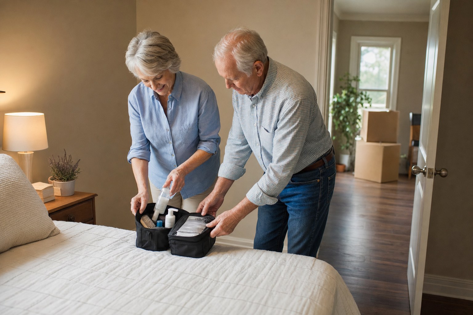 An older couple preparing an essentials bag in a tidy new bedroom