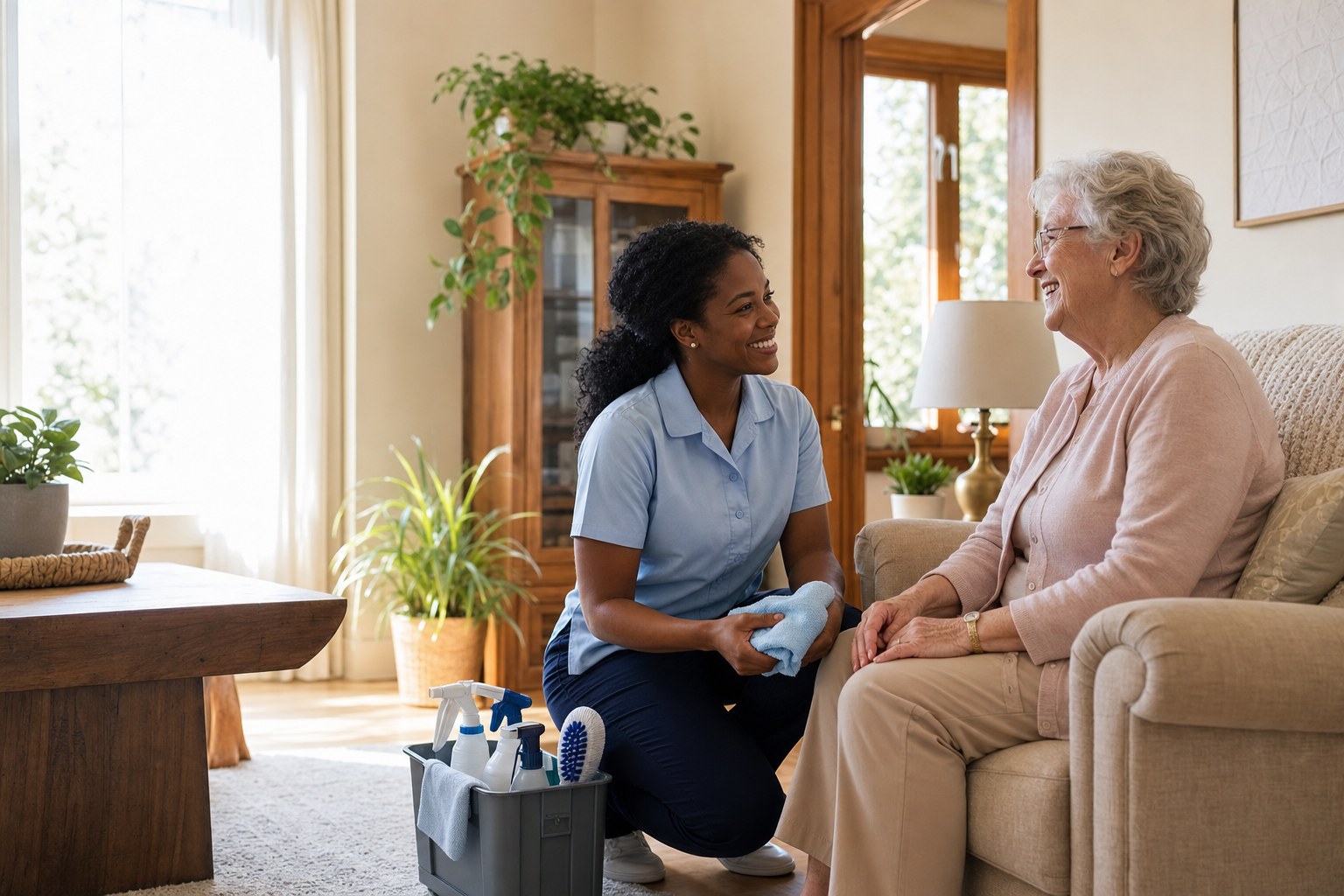A compassionate cleaning professional speaking with an older adult in a sunlit home