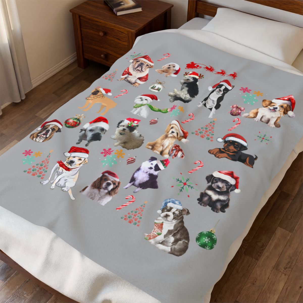Christmas Puppies Velveteen Plush Blanket — Cute Santa Dog Pattern Holiday Throw