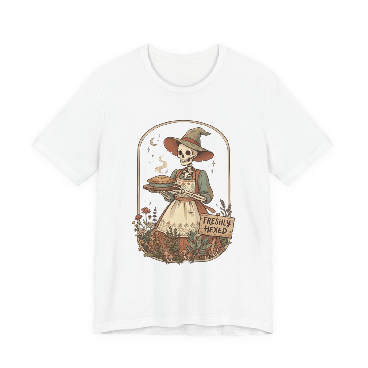 Freshly Hexed skeleton witch tee with storybook artwork