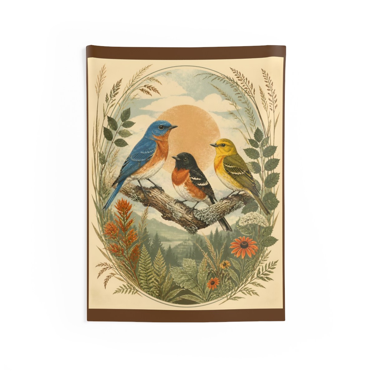 Vintage bird trio wall tapestry with naturalist-style bird illustrations