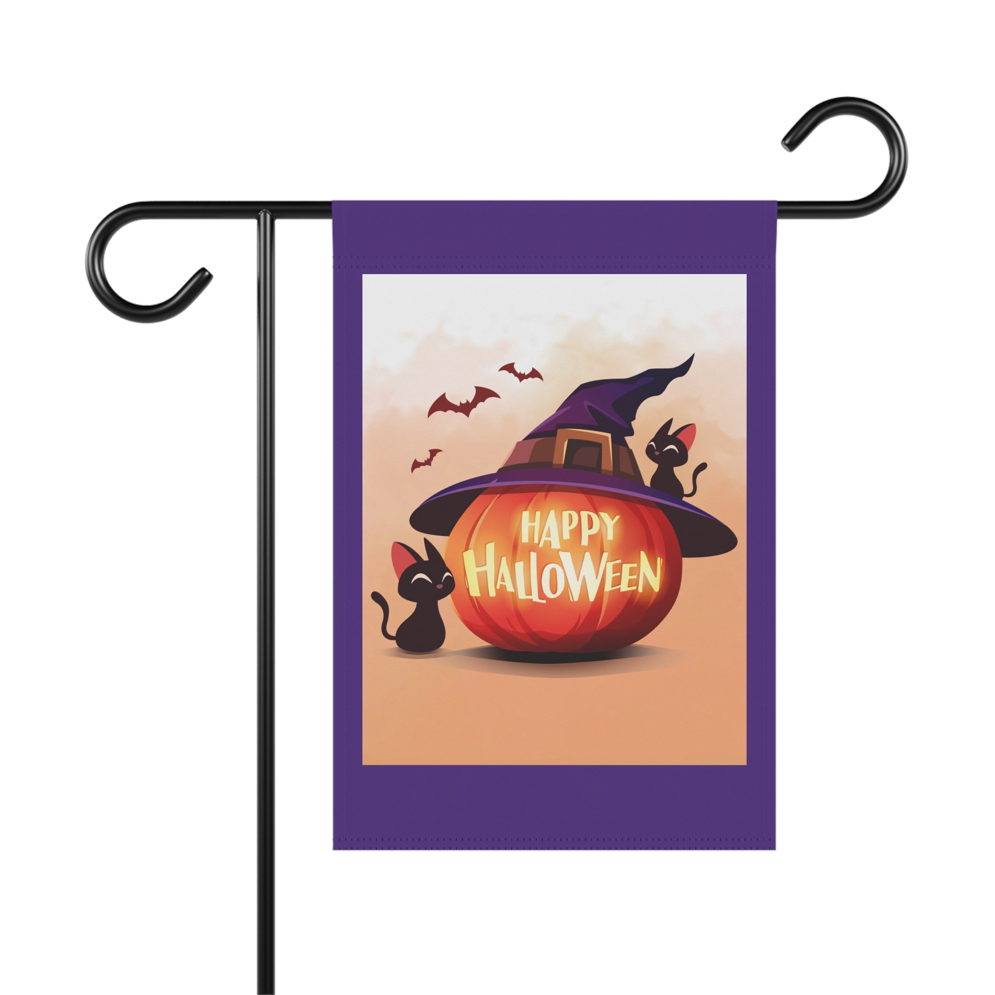 Happy Halloween Pumpkin Garden Flag — Halloween Cat & Witch Hat Yard Banner