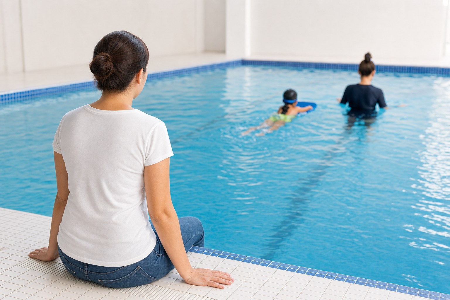 An adult watching a child practice in an indoor pool with an instructor