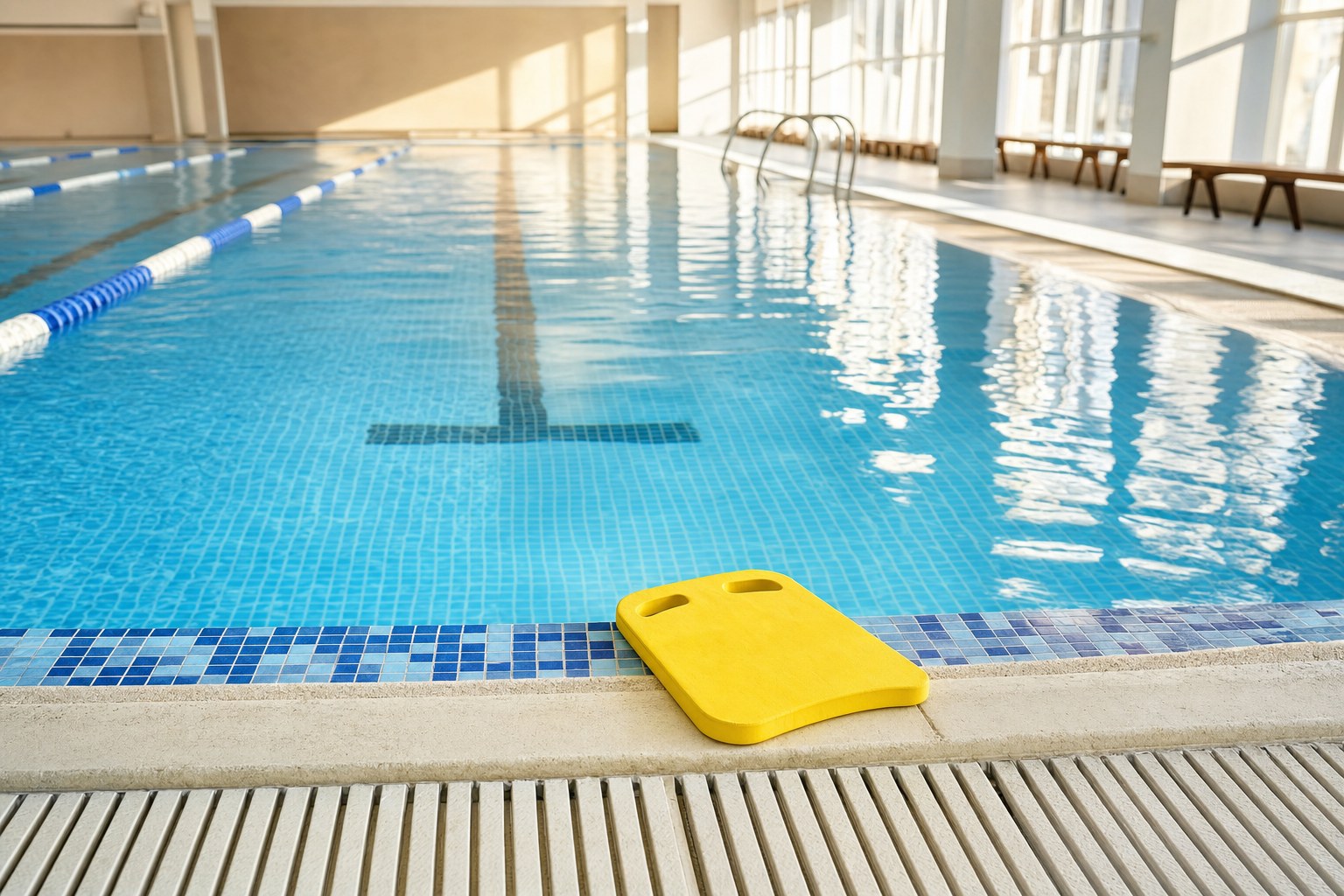 An indoor pool with a yellow kickboard at the edge