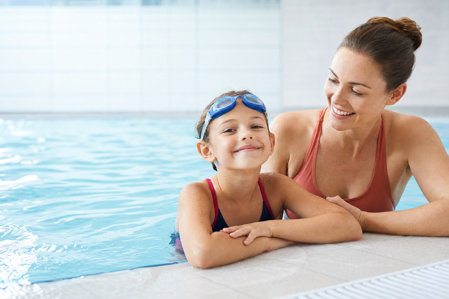 A swimmer smiling with an instructor at an indoor pool