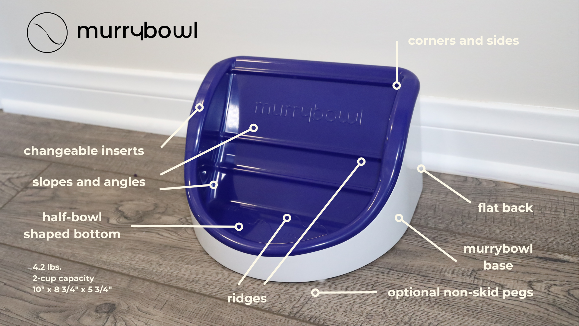 Murrybowl product diagram showing its ridges, angles, removable insert, and base