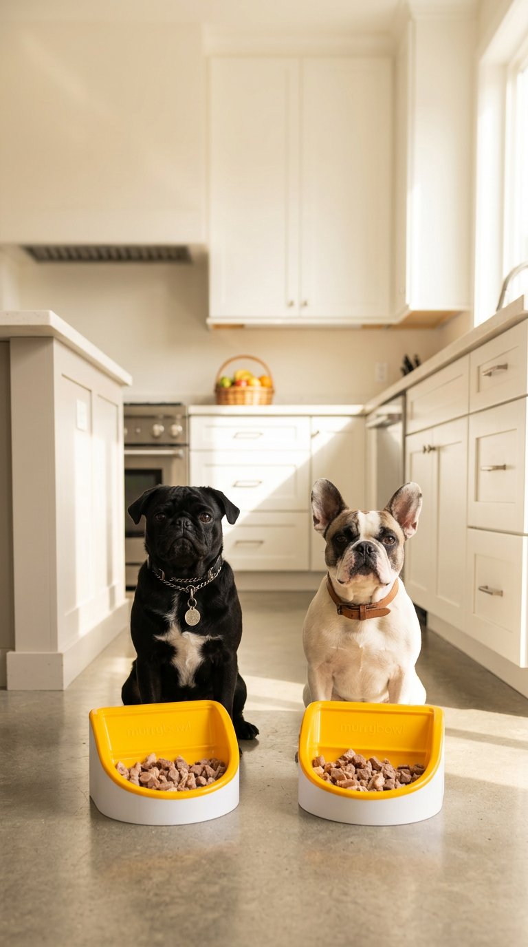 Murry the black Pug and Jack the Frenchie sitting with their yellow Murrybowls