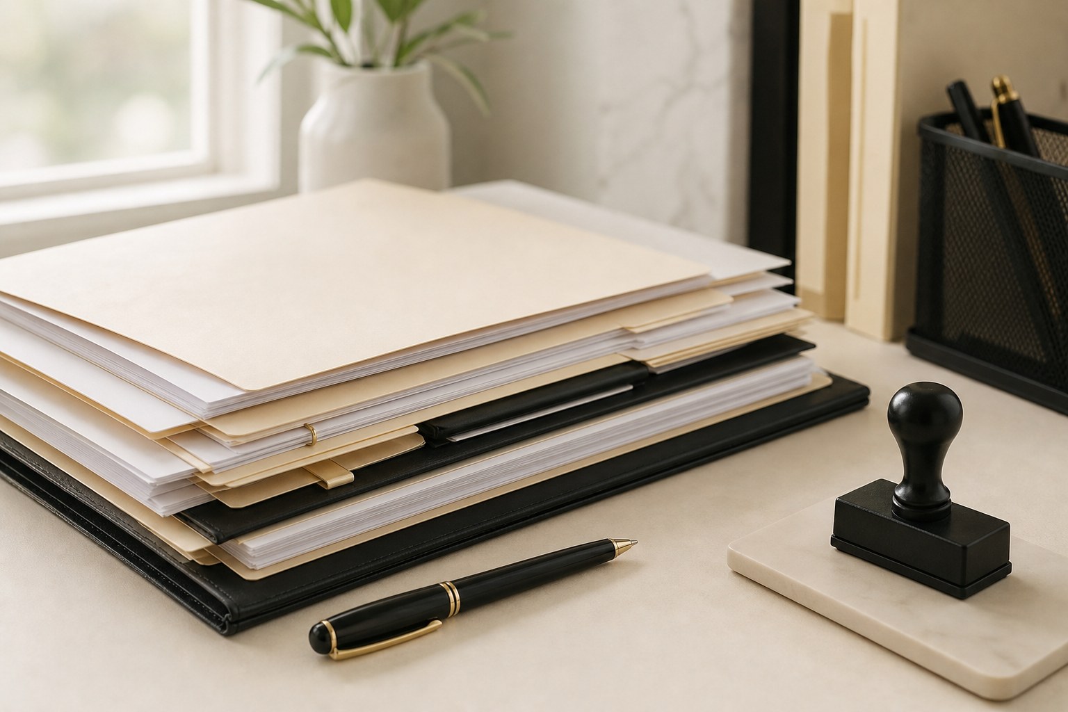 Organized document folders and a notary stamp on a desk