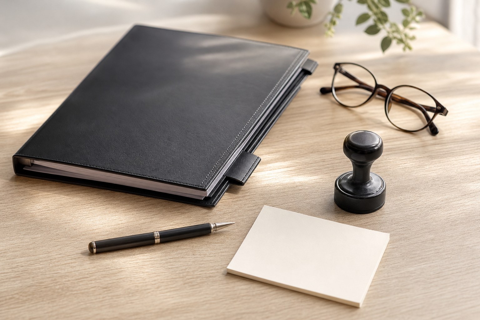 A closed document folder, glasses, pen, notary stamp, and blank appointment note on a desk