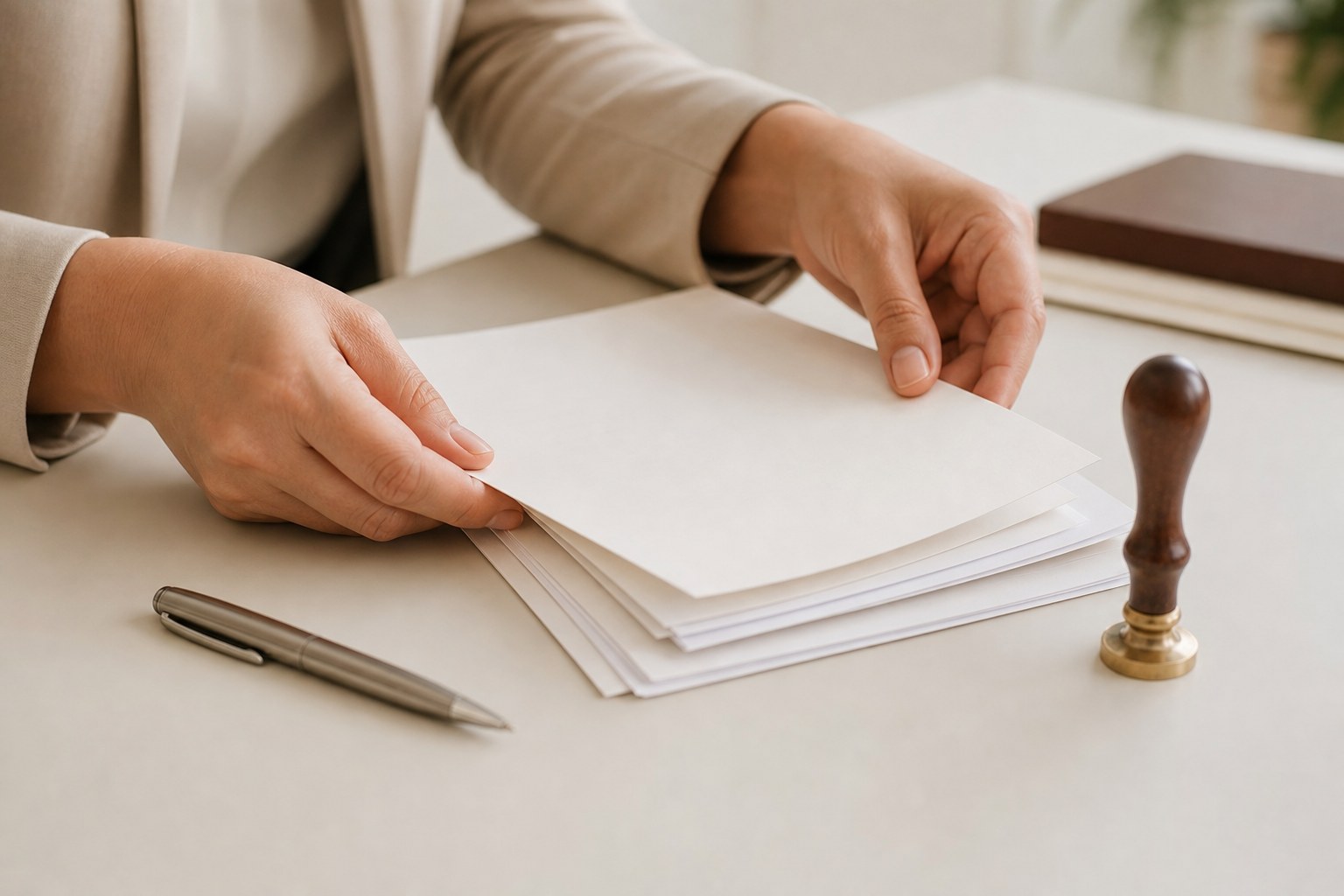 Hands arranging unsigned documents before a notarization appointment