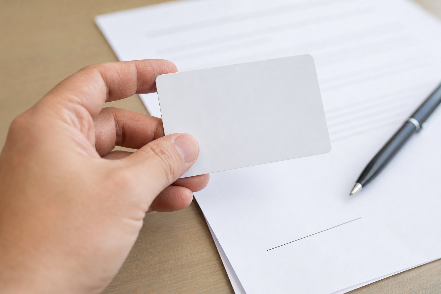 A person holding a blank photo identification card above an unsigned document