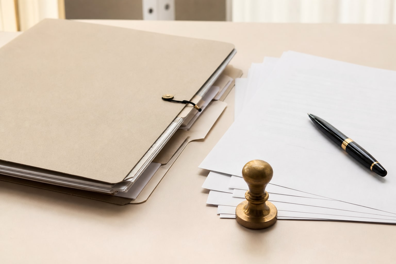 Complete document folder, supporting pages, pen, and notary stamp arranged on a desk