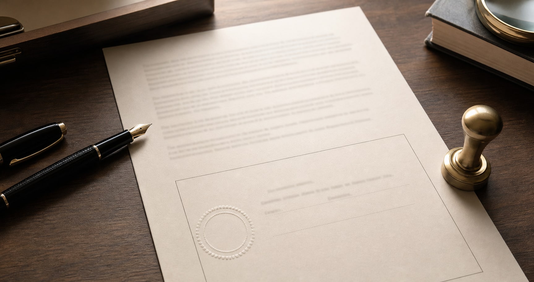 Unsigned document with a notarial certificate area, pen, and brass notary seal