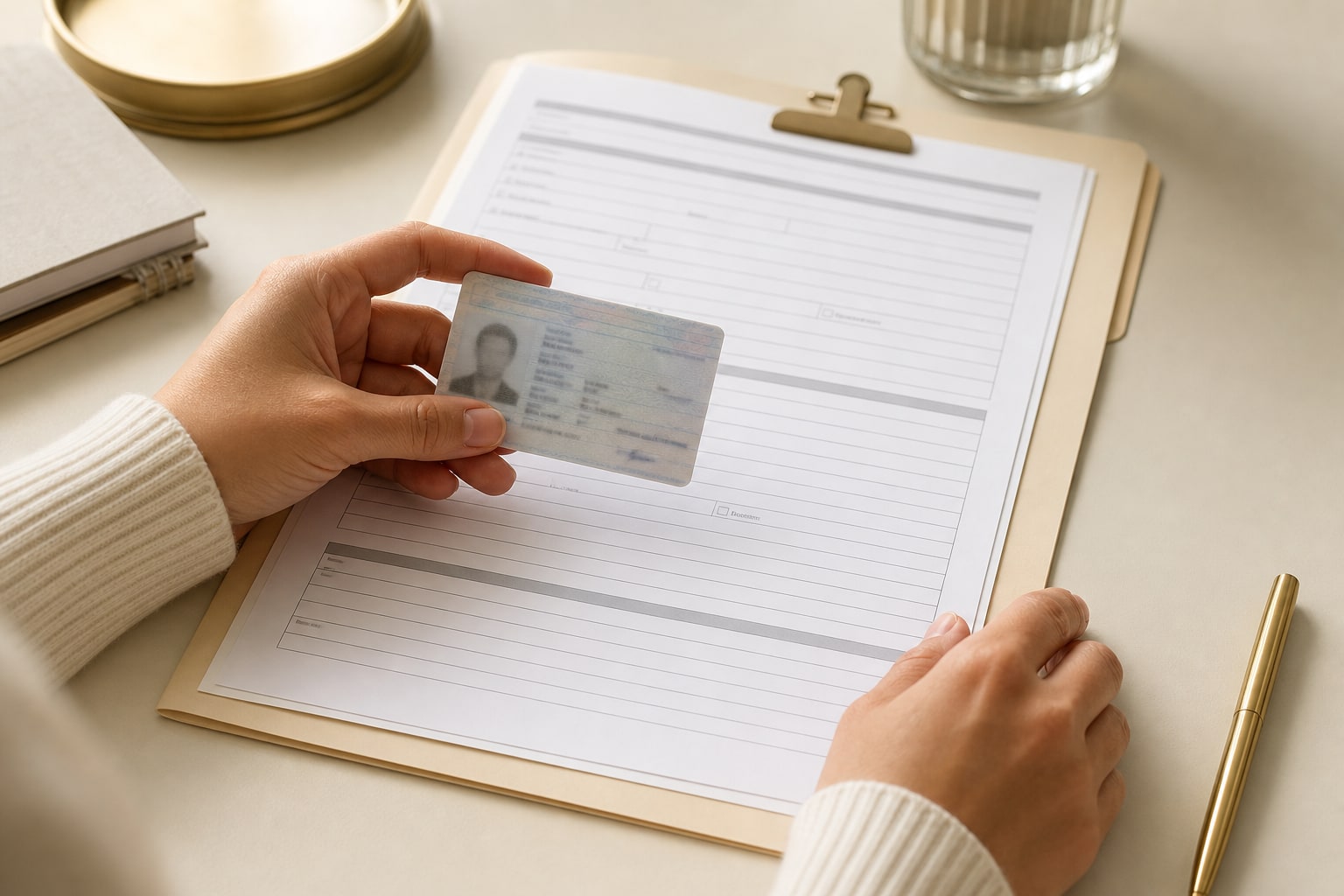 Person holding photo identification beside an unsigned document package