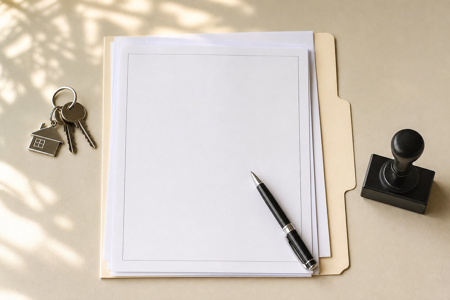 A house key, unsigned document packet, pen, and notary stamp on a table