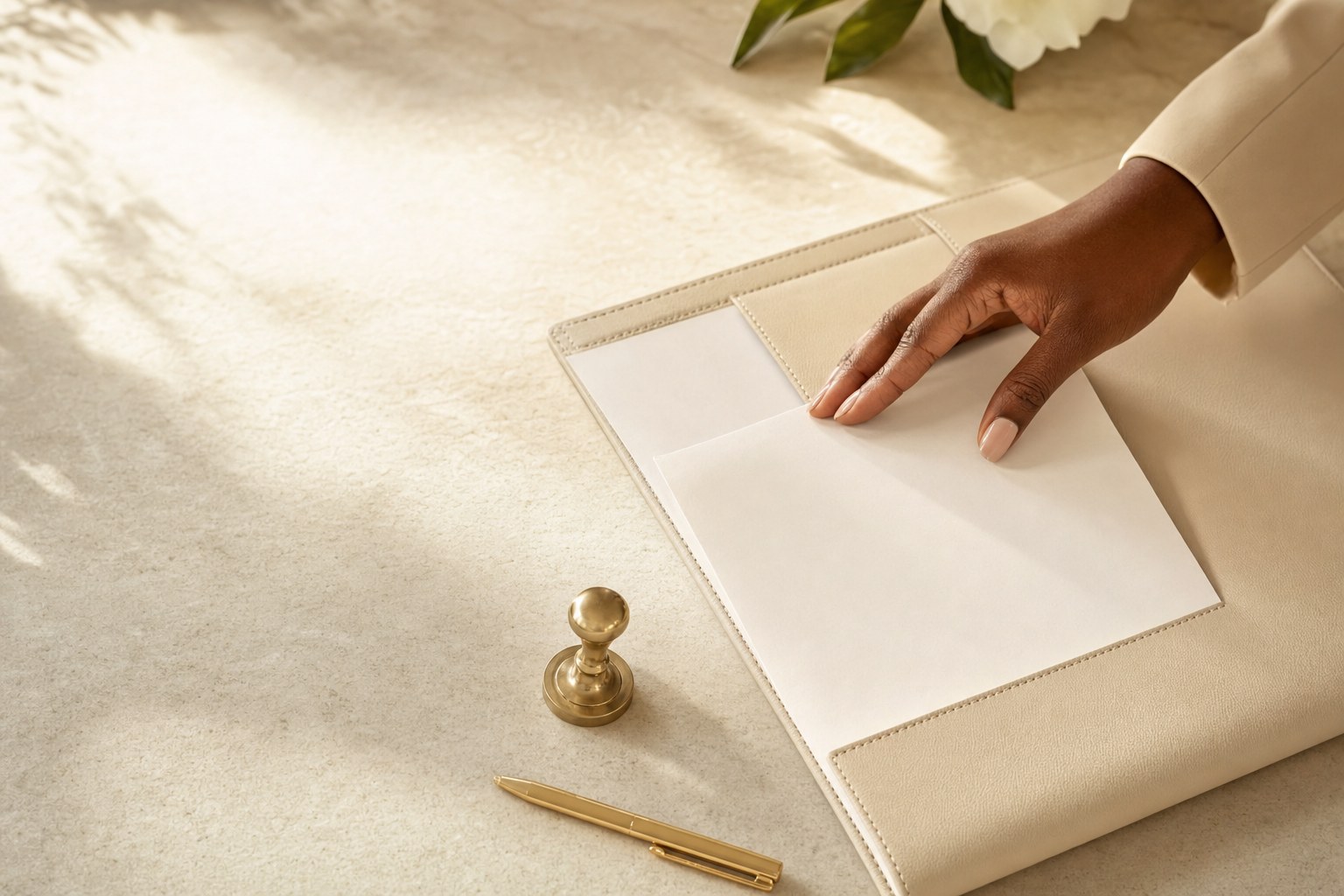 Hand preparing documents beside a brass notary stamp and gold pen