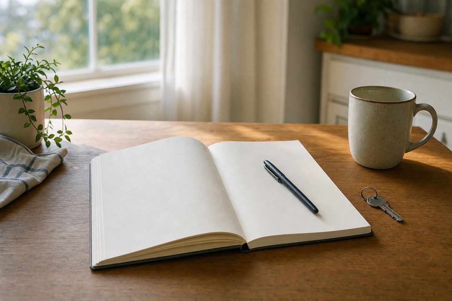 An open notebook, pen, mug, and house keys on a sunlit wooden table