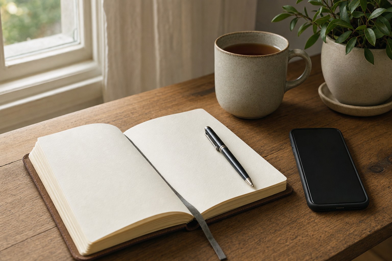An open blank journal beside a closed phone and a cup of tea on a wooden desk