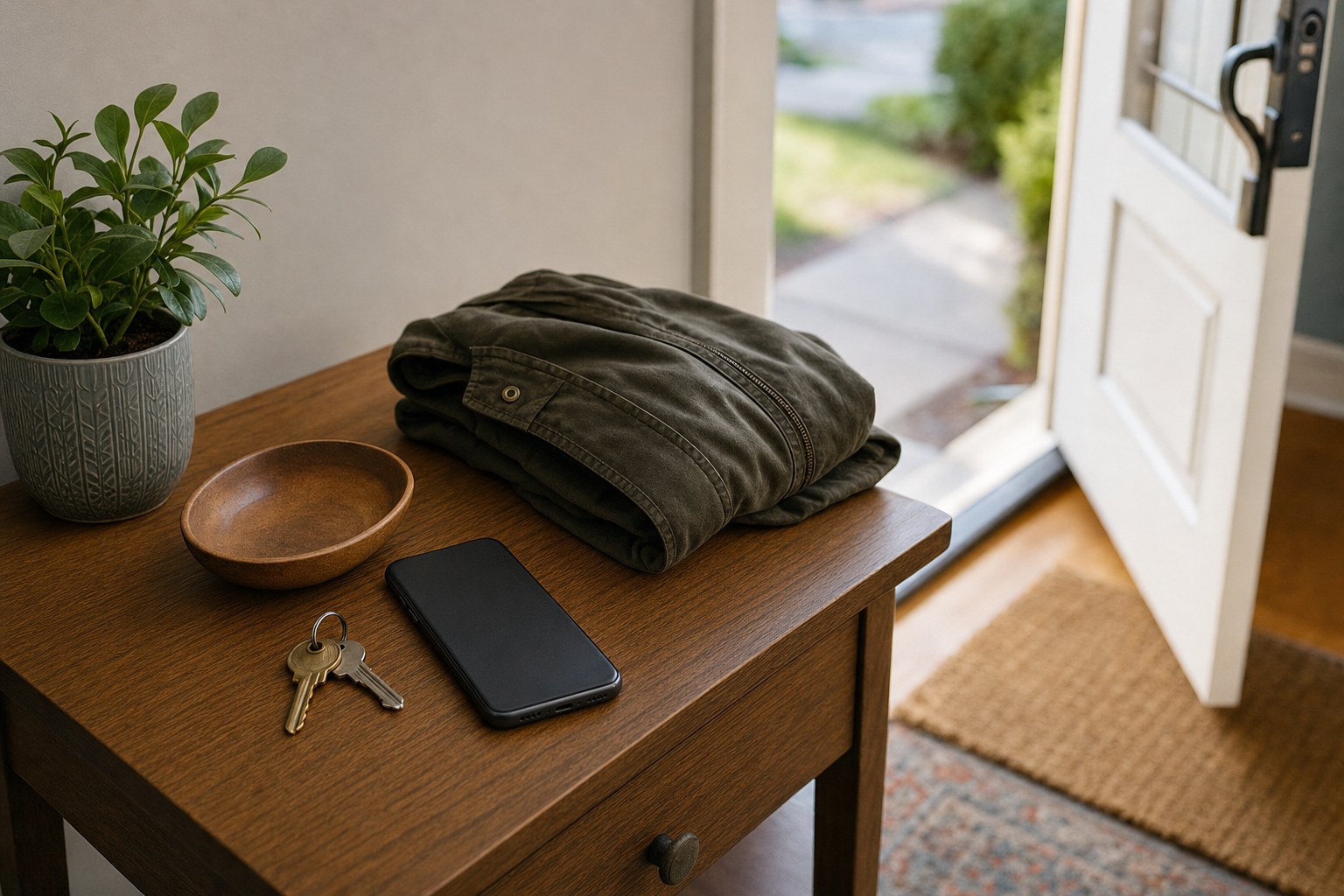 A phone, house keys, and folded jacket on a table near an open front door