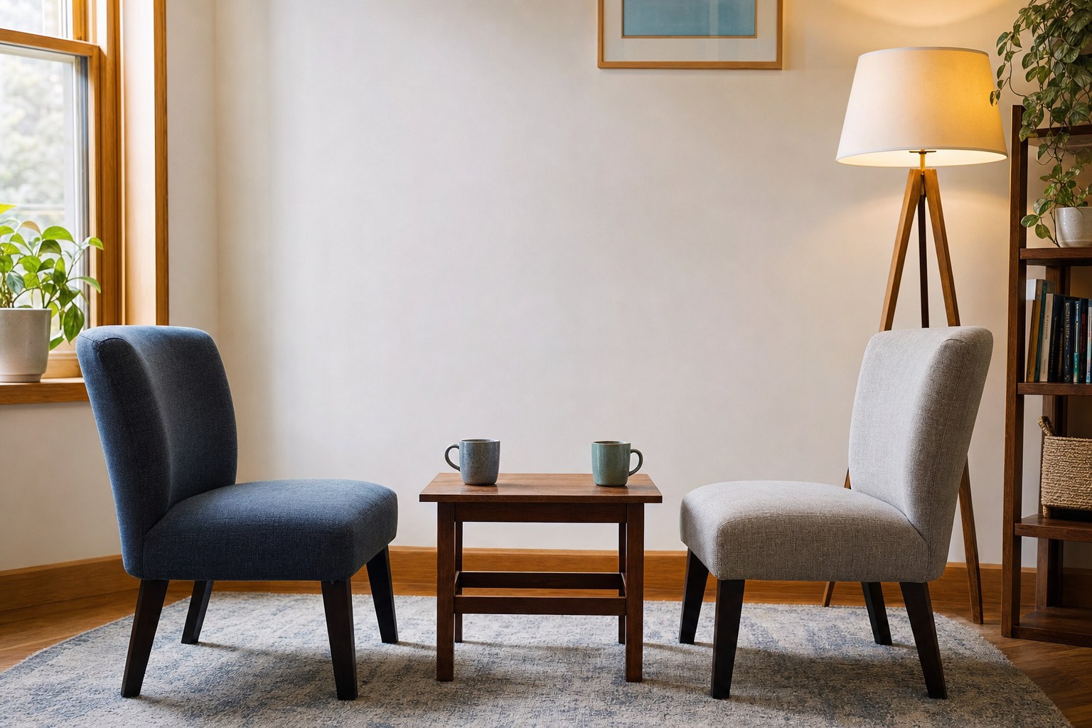 Two chairs and two mugs arranged for a supportive conversation in a quiet room