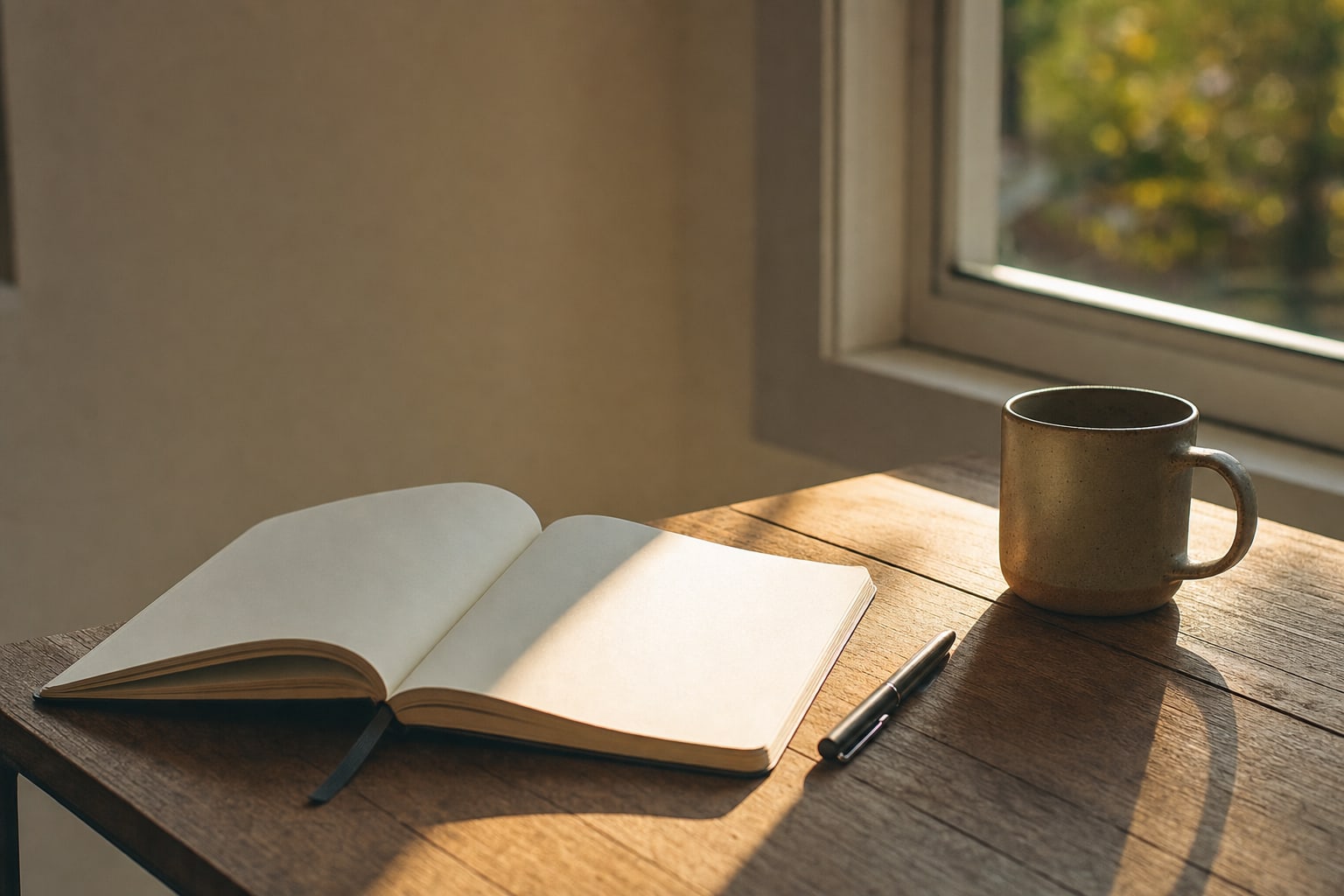 An open journal, a pen, and a cup on a sunlit wooden table