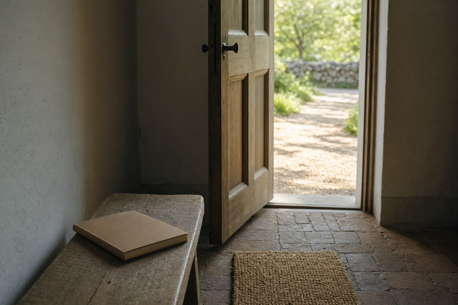 An open doorway leading into soft daylight with a notebook on a nearby bench