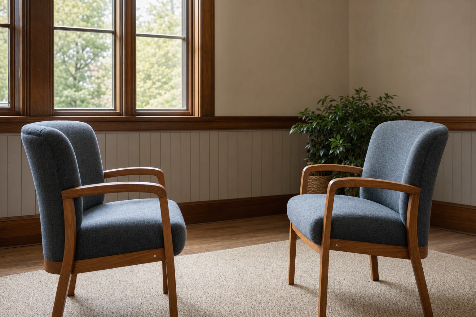 Two empty chairs facing one another in a calm, sunlit room