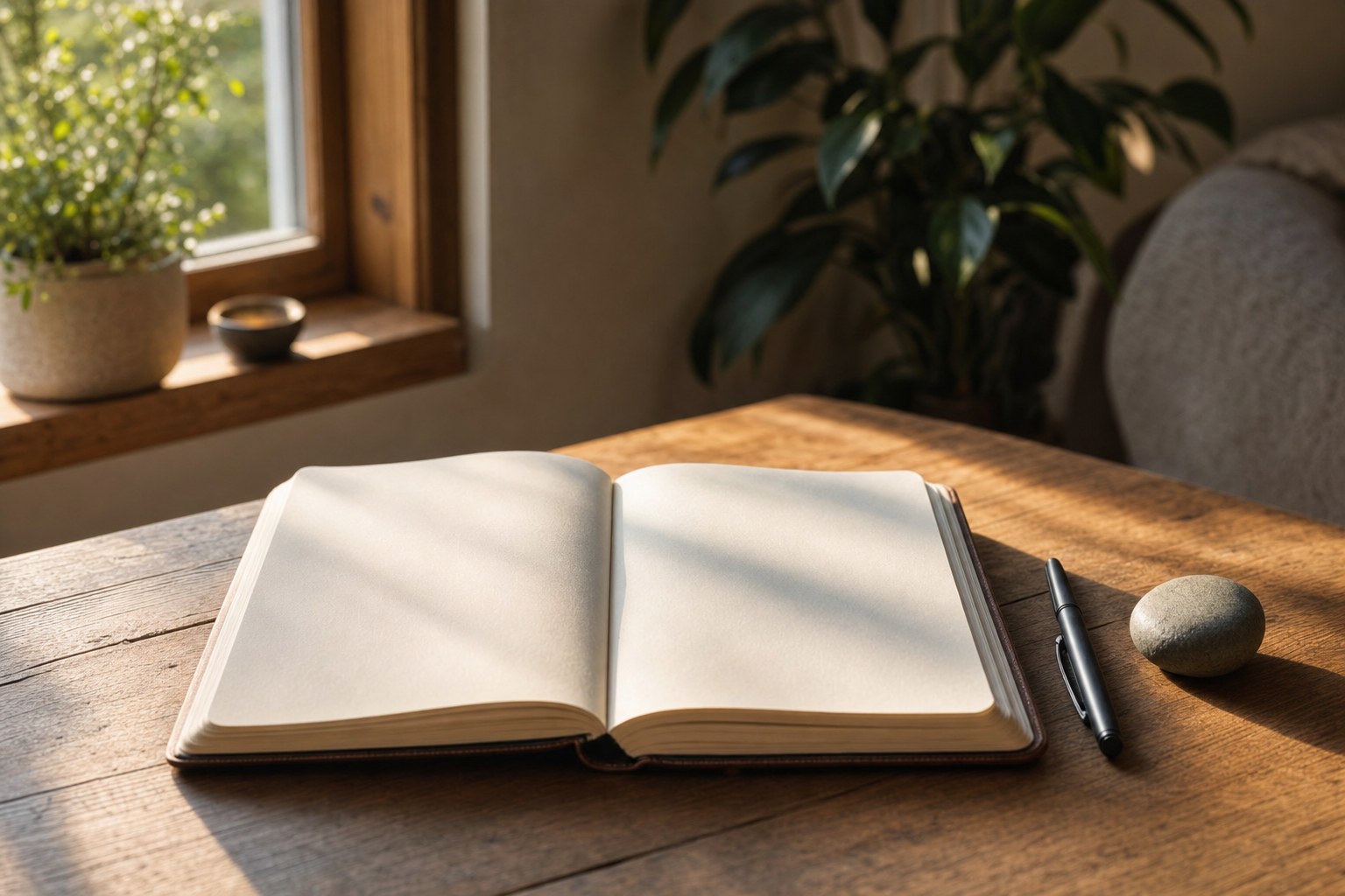 An open notebook, pen, and smooth stone on a sunlit wooden table