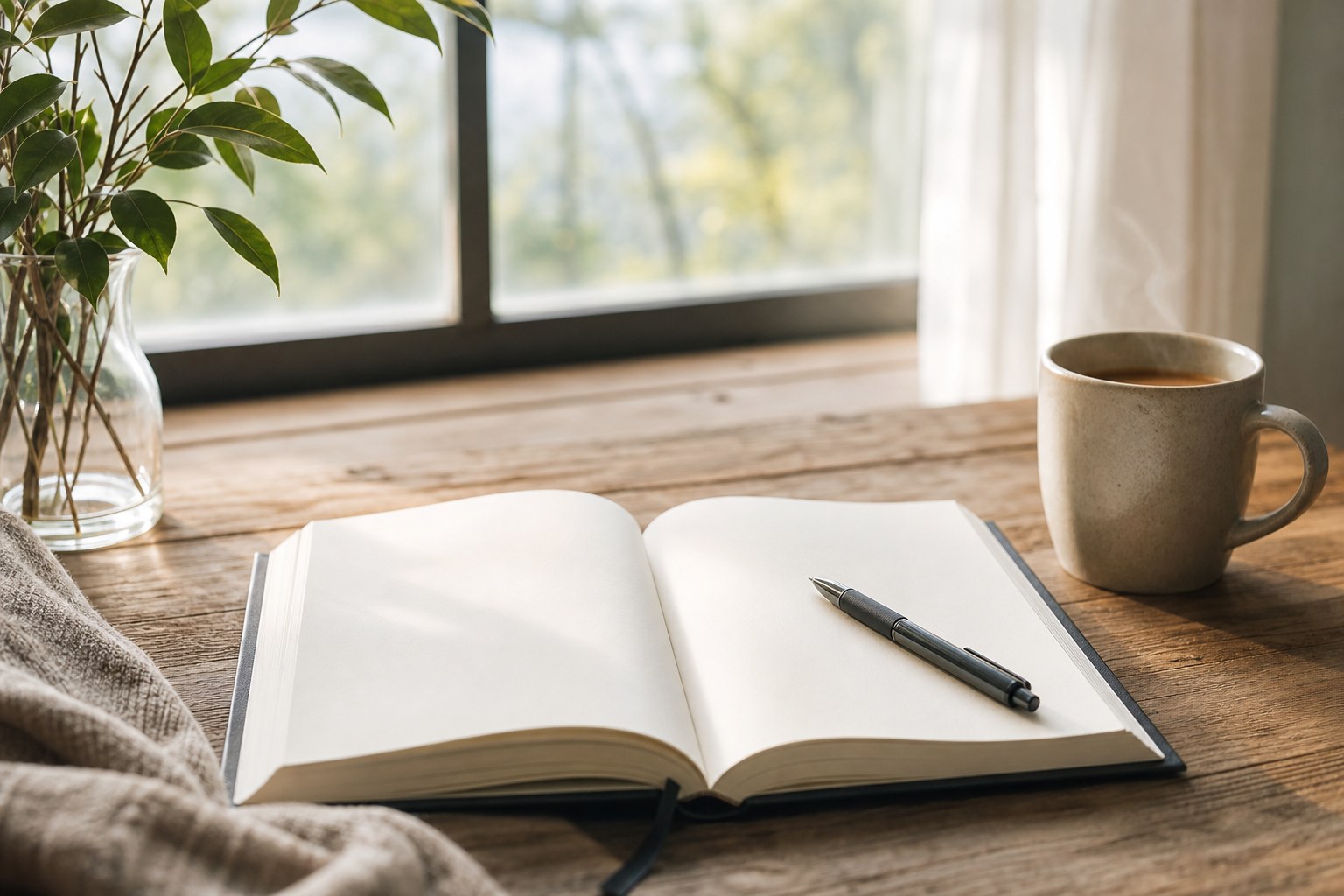 An open blank journal, pen, and mug on a sunlit wooden table