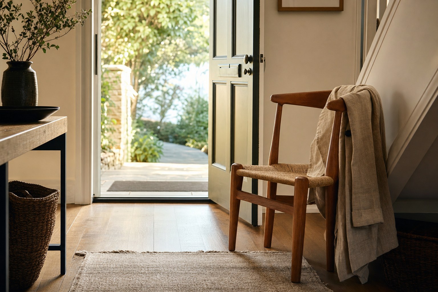 A wooden chair beside an open front door in a quiet, sunlit entryway