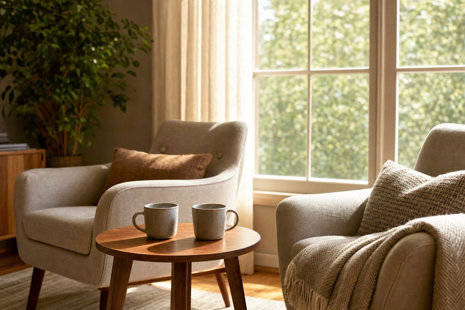 Two chairs and two mugs near a sunny window, ready for a supportive conversation