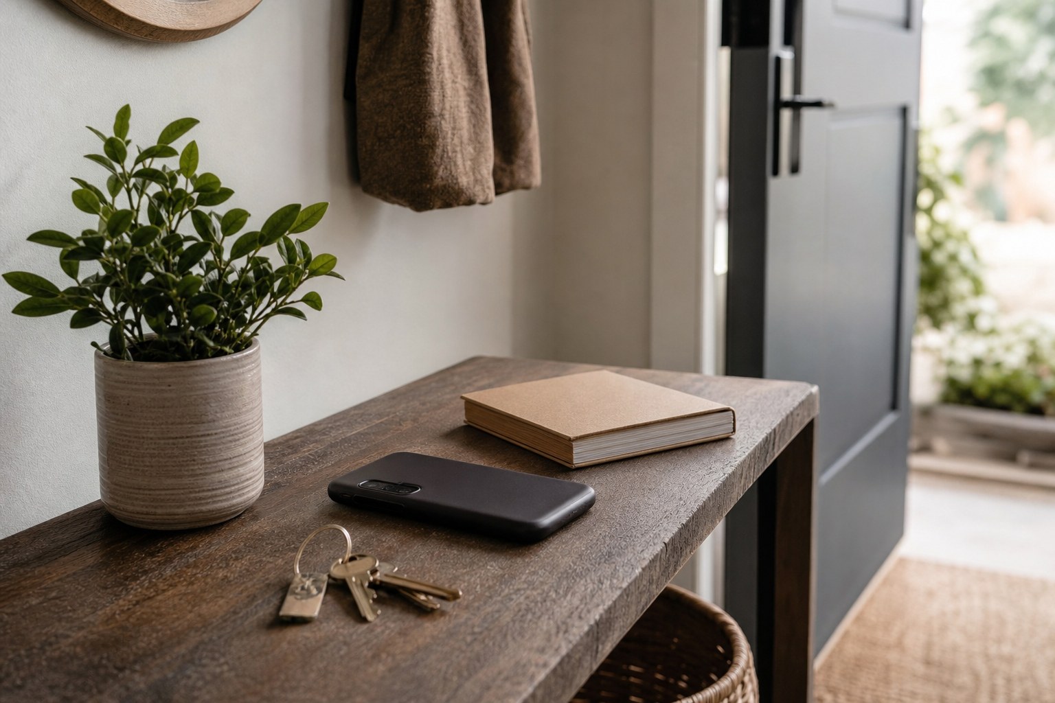 A phone, keys, and closed notebook on an entryway bench by an open door