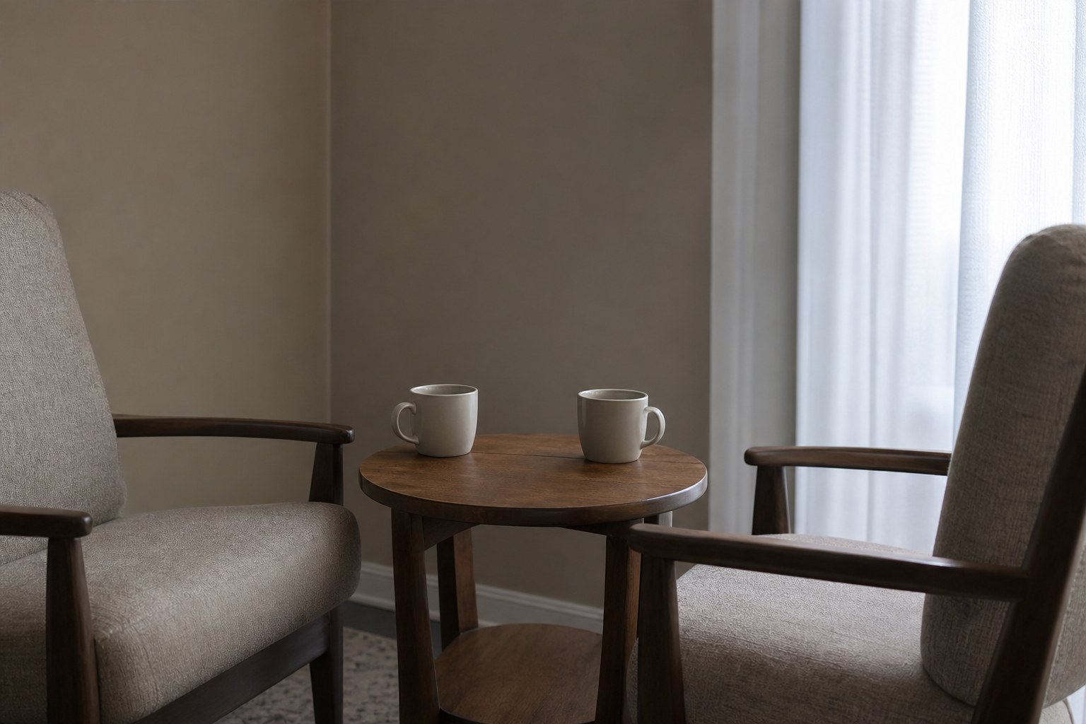Two empty chairs facing one another across a small table with mugs