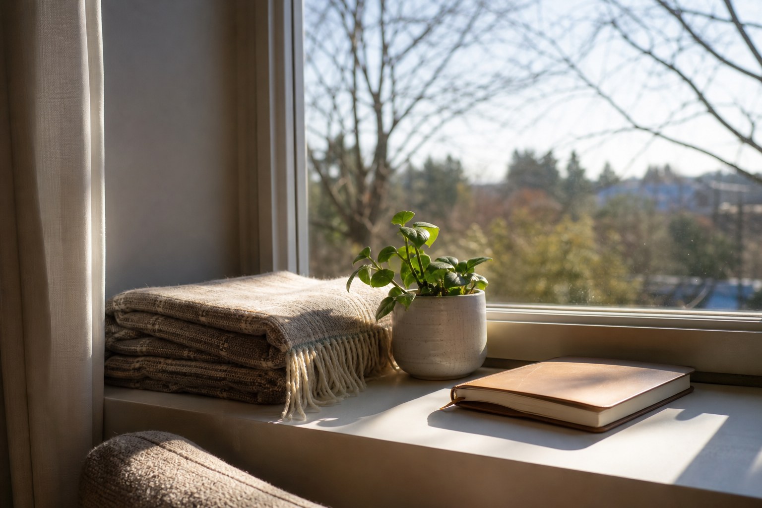 A folded blanket, small plant, and closed notebook in a sunlit window