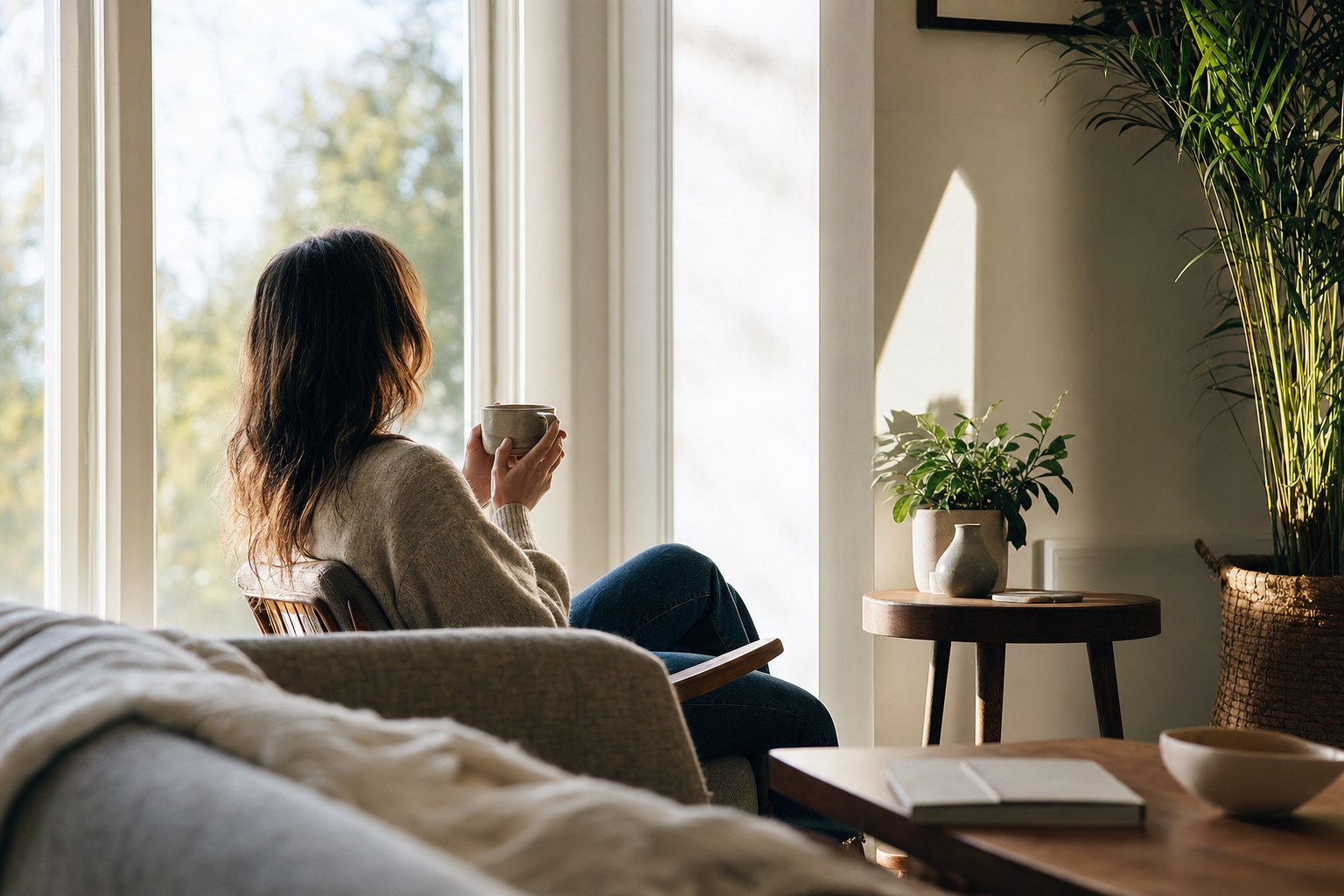 A person holding a mug while sitting quietly beside a sunlit window
