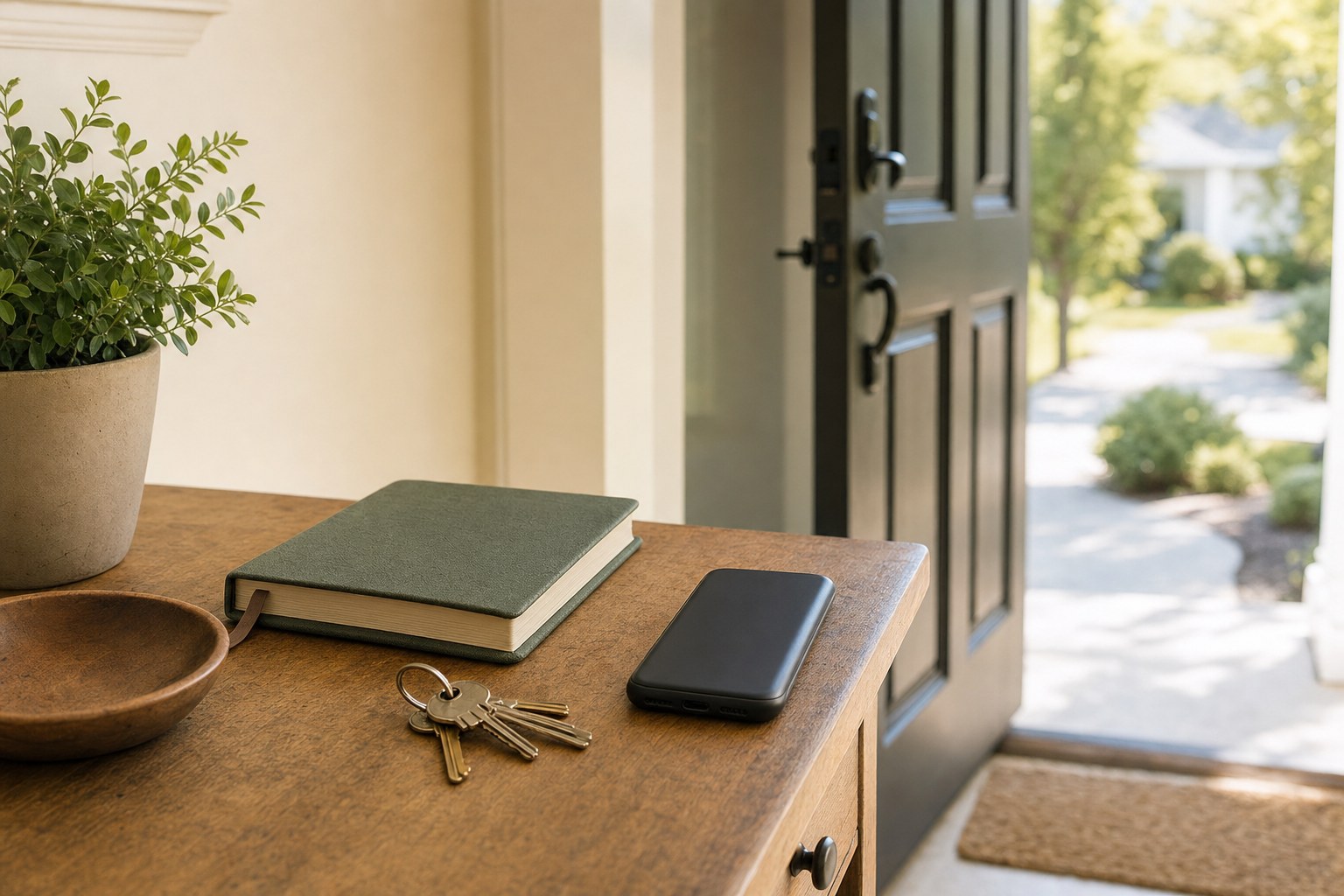 House keys, a closed journal, and a phone on a table by an open front door