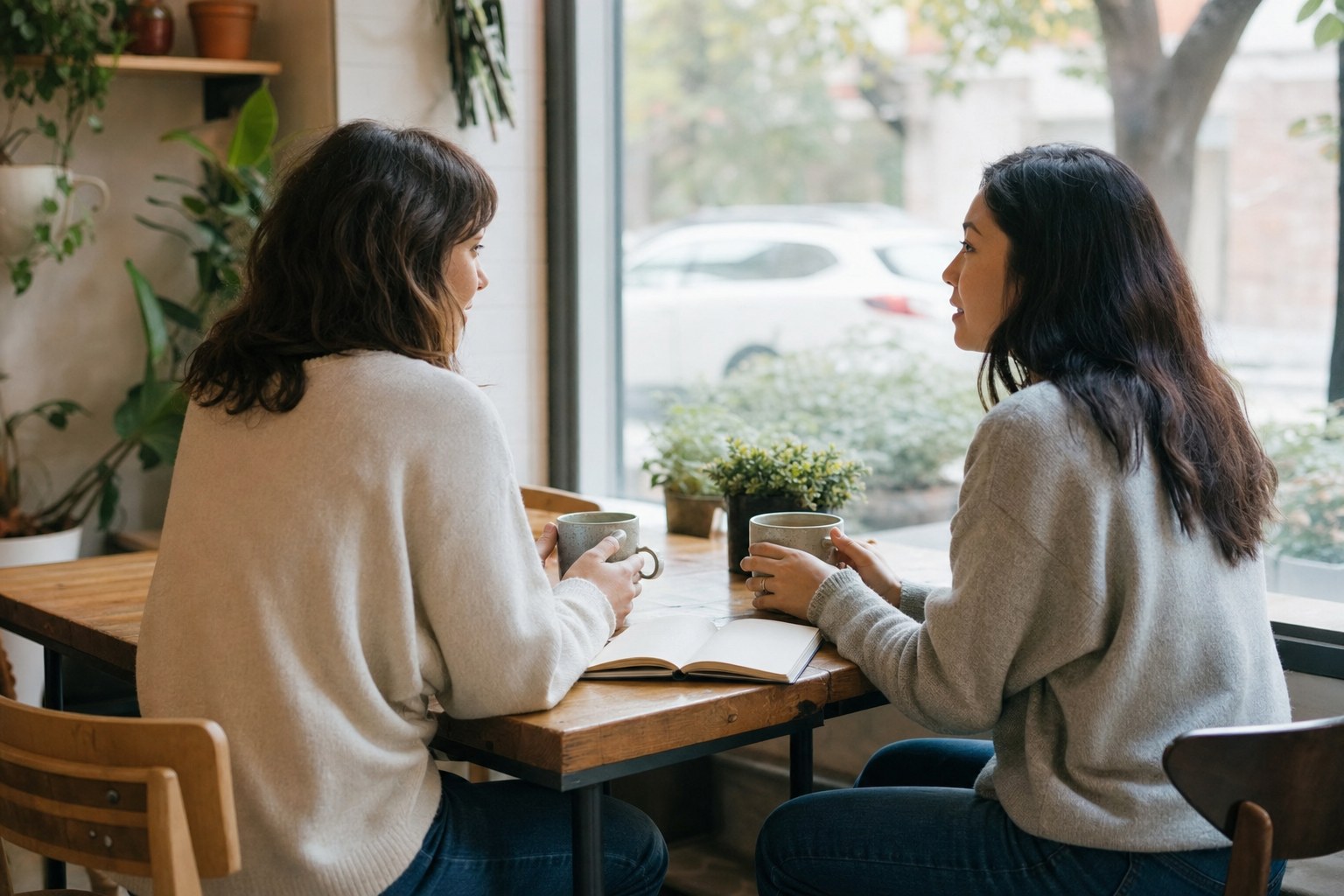Two people having a quiet supportive conversation over coffee and an open notebook