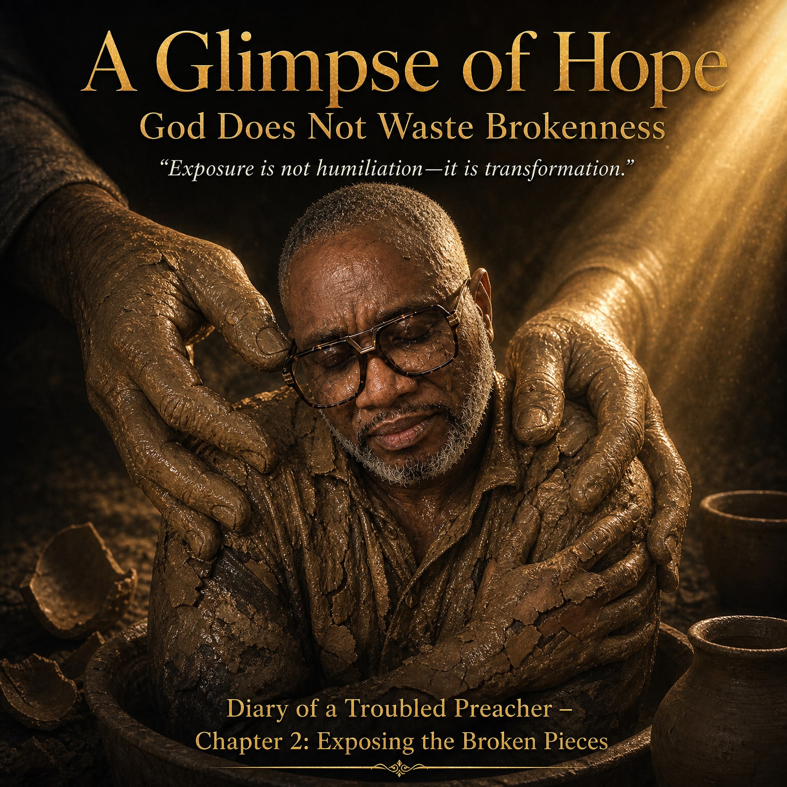 Diary of a Troubled Preacher Chapter 2 artwork titled A Glimpse of Hope: God Does Not Waste Brokenness, showing Andre’ Fullwood covered in clay and held by large hands in warm golden light.