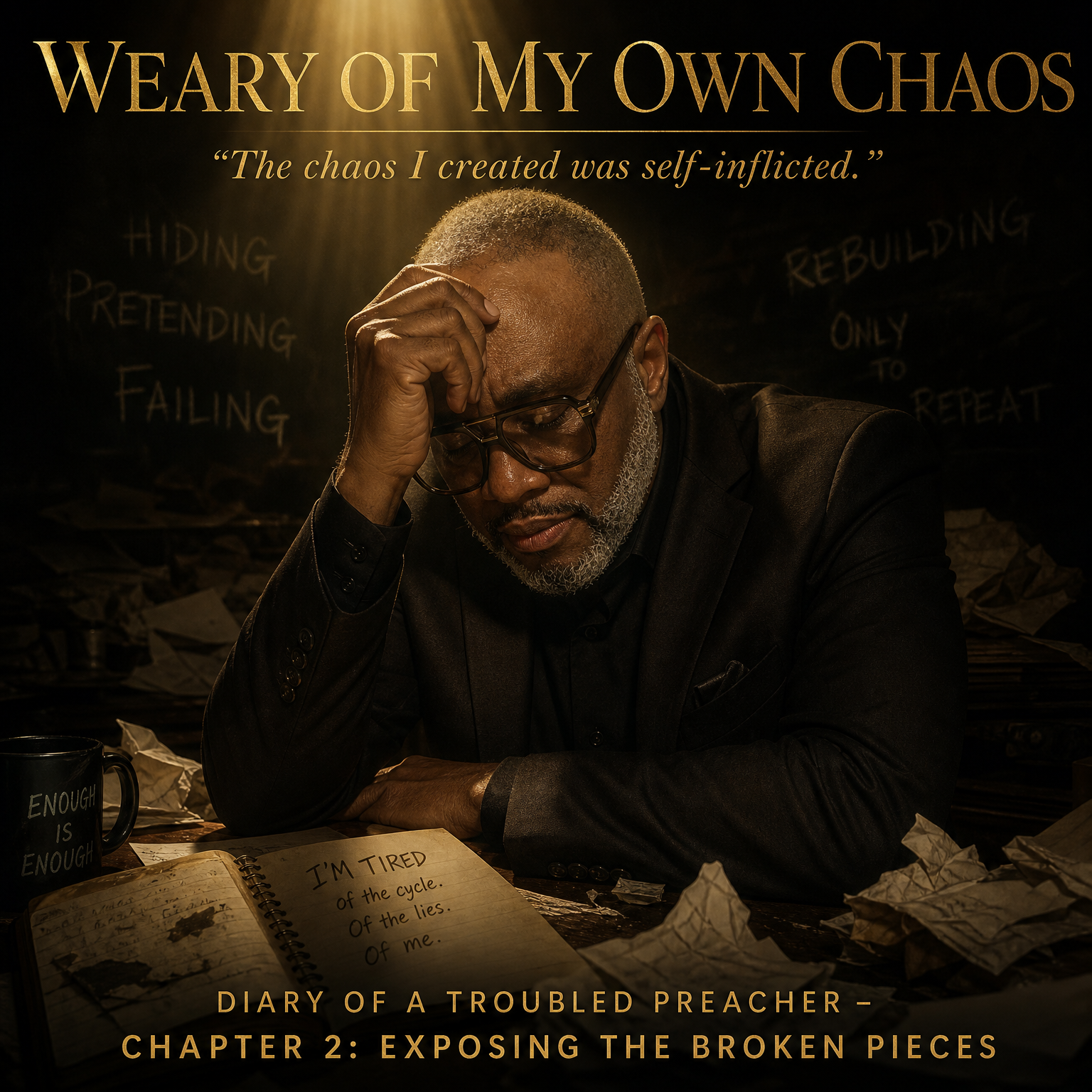 Diary of a Troubled Preacher Chapter 2 artwork titled The Cost of Hiding, showing Andre’ Fullwood moving from darkness and chains toward truth, freedom, healing, and restoration