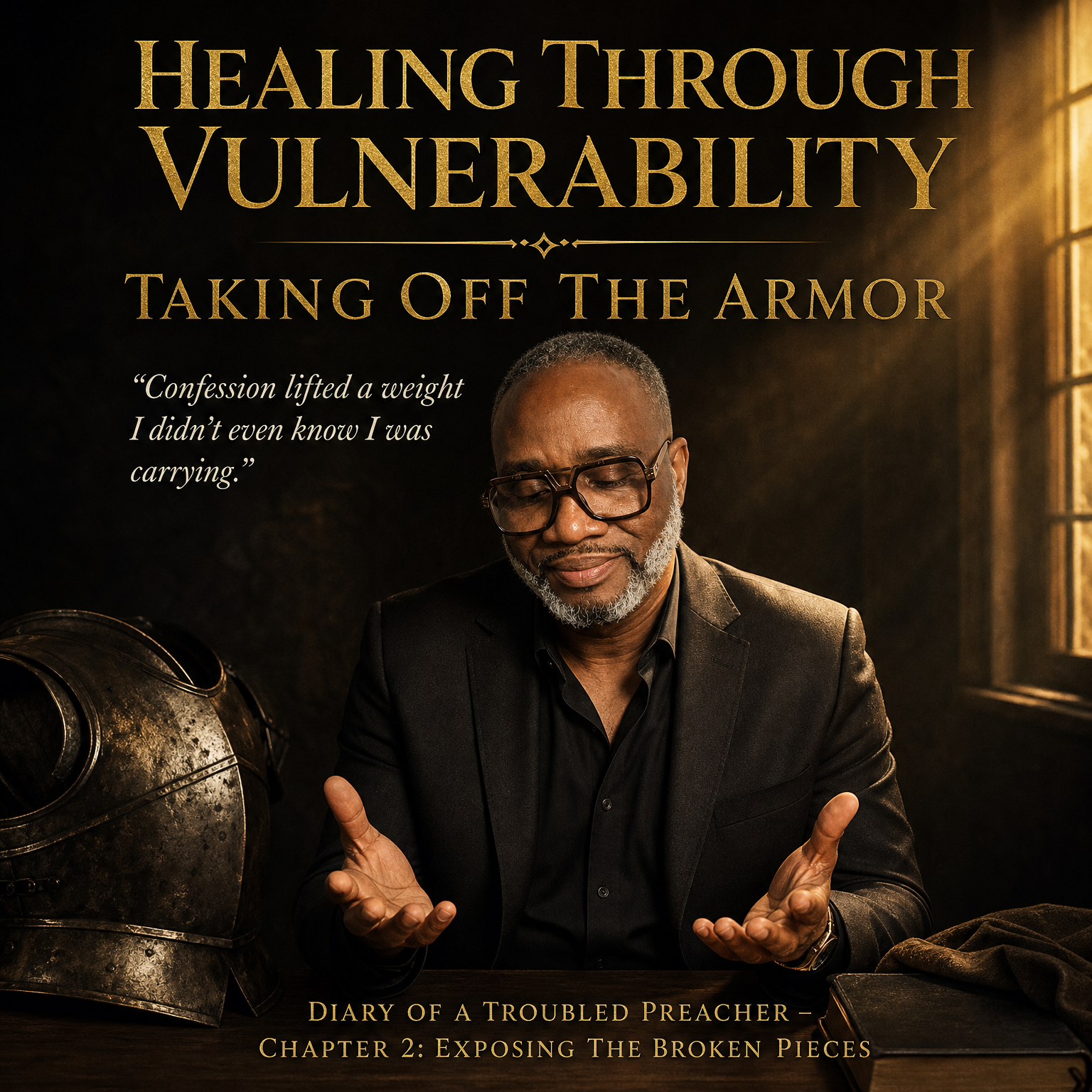 Diary of a Troubled Preacher Chapter 2 artwork titled Healing Through Vulnerability: Taking Off the Armor, showing Andre’ Fullwood beside a suit of armor in warm light