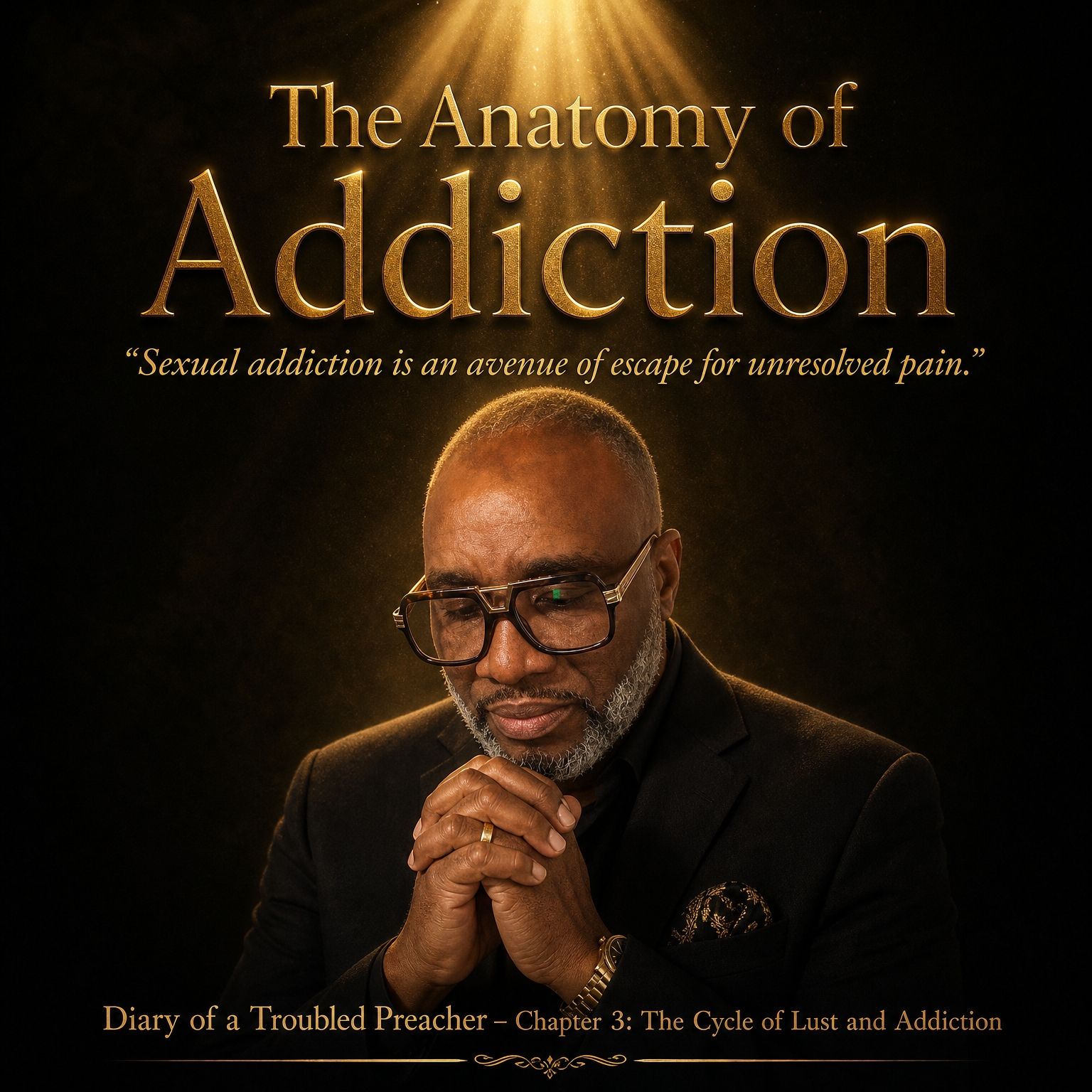Diary of a Troubled Preacher Chapter 3 artwork titled The Anatomy of Addiction, showing Andre’ Fullwood in prayer beneath golden light, with the words Sexual addiction is an avenue of escape for unresolved pain.
