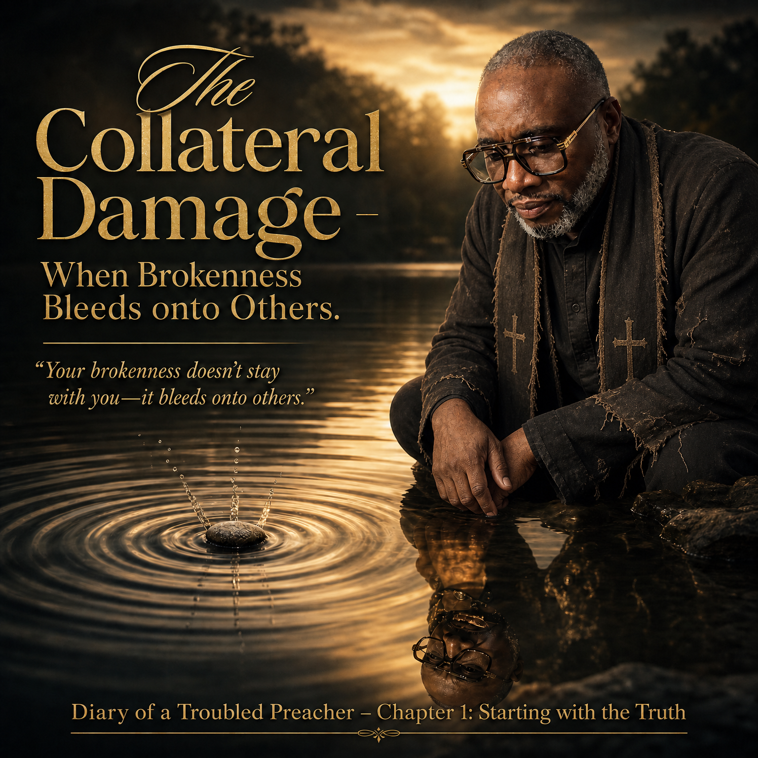 A man kneeling beside still water as a stone creates wide ripples, with the title The Collateral Damage: When Brokenness Bleeds onto Others