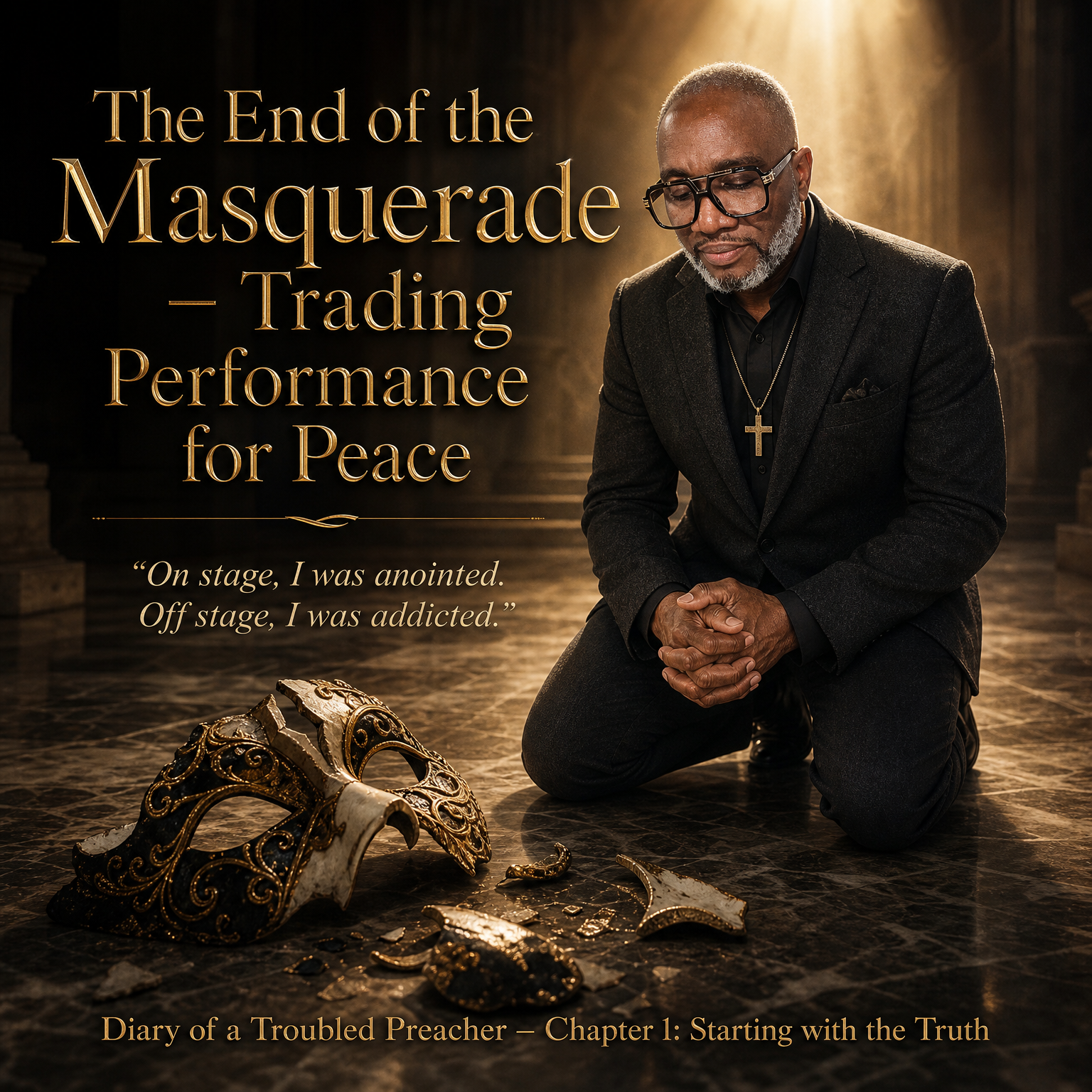 Diary of a Troubled Preacher Chapter 1 artwork titled The End of the Masquerade: Trading Performance for Peace, showing Andre’ Fullwood kneeling in prayer beside broken masks
